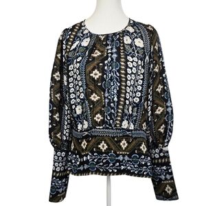 Veronica Beard 100% Silk Floral Aztec Blouse Size 12 | Boho Western Luxe Top